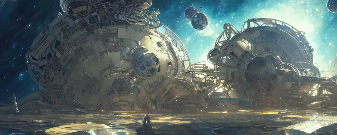 Image similar to A outside view of abandoned space station in the deep space, fantasy, intricate, elegant, highly detailed, digital painting, artstation, concept art, smooth, sharp focus, illustration, art by artgerm and greg rutkowski and alphonse mucha