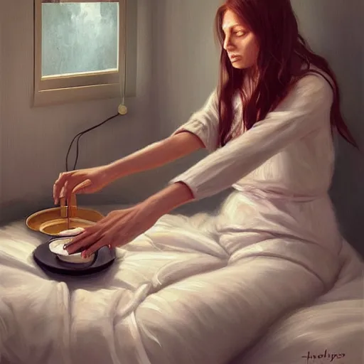 Image similar to lady who wakes up in the morning exactly as the coffee is made then doesn't make anymore but goes to the bedroom to start a space for music for 6 hours. heraldo ortega, mandy jurgens digital art, golden ratio, art canvas, award winning, masterpiece artstation 8 k 1 5 0 mpx