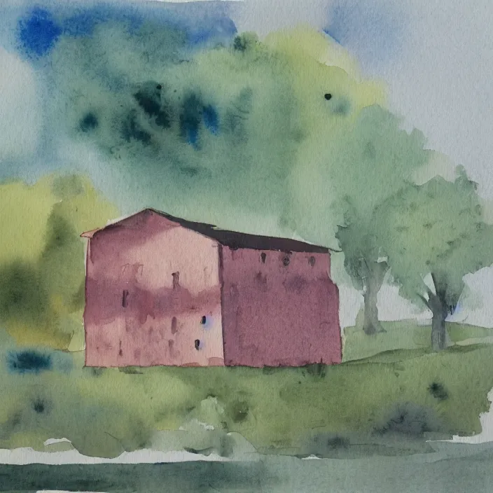 Image similar to a building in a landscape, simple watercolor