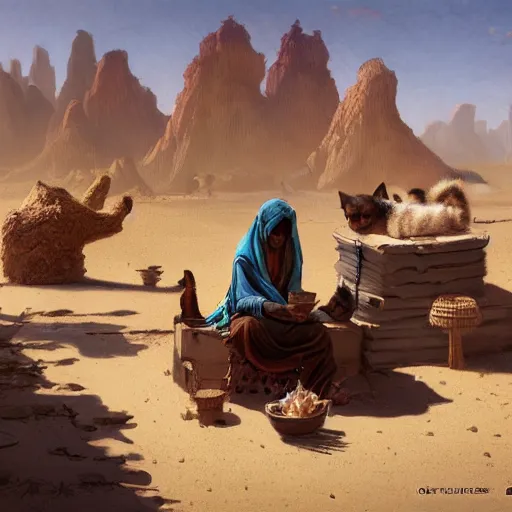 Image similar to a cat merchant in the desert ,digital art,detailed,ultra realistic,art by greg rutkowski W 640