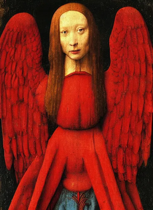 Image similar to fallen angel dressed in red with wings by Jan van Eyck, Hieronymus Bosch, Johannes Vermeer 4k post-processing, highly detailed medieval painting