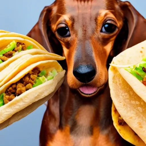 Prompt: a flying double twisted dachshund eating a taco in slowmotion