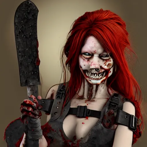 Prompt: a redhead female zombie with an axe in her head and braces, yasushi nirasawa style