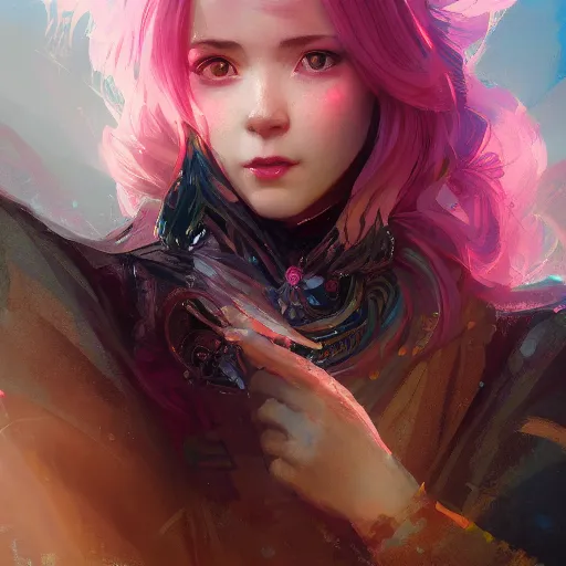 Image similar to portrait of an innocent lost woman with pink hair, magic uniform, fantasy, intricate, sharp focus, lens flare, bloom, rim light, illustration, highly detailed, digital painting, concept art, matte, art by ruan jia. front view