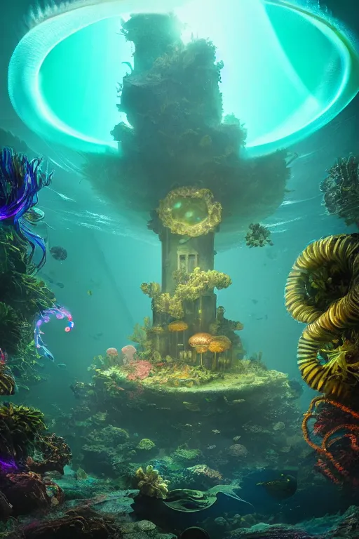 Image similar to high quality photo of cinematic underwater dystopian cyber - rococo city ruins with giant bioluminescent colorful mutant plants and cyborg jellyfish, digital art masterpiece, aykut aydogdu eric zener, dramatic volumetric light, extreme long shot, ground angle uhd 8 k, sharp focus