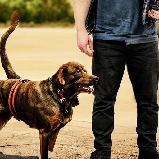 Image similar to a realistic detailed photo of a man who is very angry standing next to a very happy dog, realistic, photographic, cinematic, 8 k