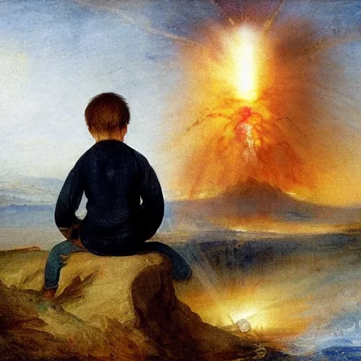 Prompt: a boy and a robot sitting and looking a nuclear explosion from far away, artwork by jmw turner