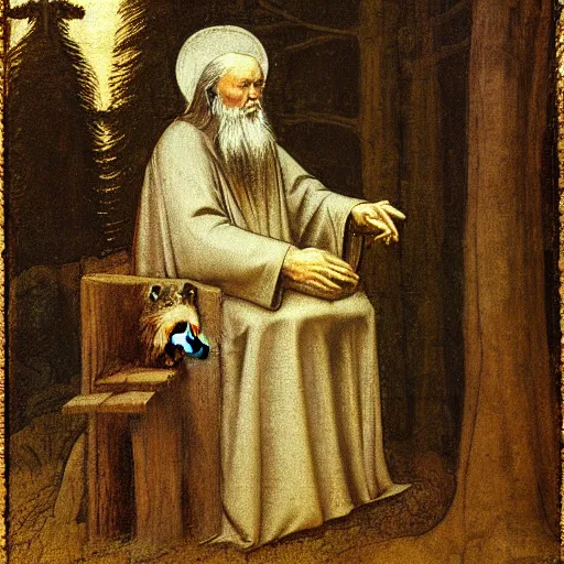 Image similar to St. Seraphim of Sarov talking to a bear in the woods by Leonardo Da Vinci