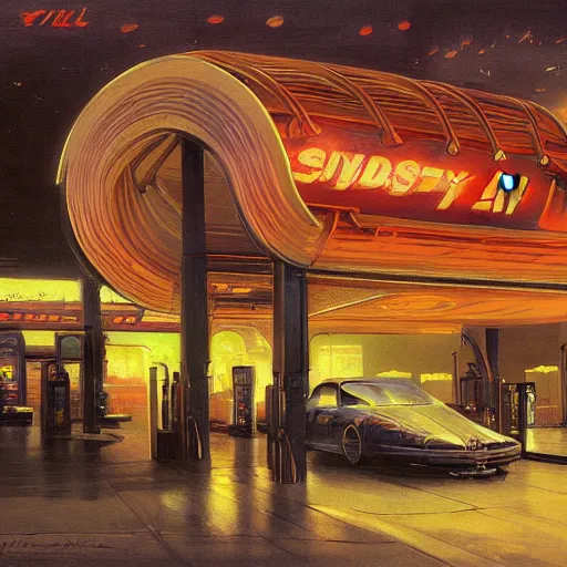 Prompt: painting of syd mead artlilery scifi organic shaped gas station, ornate metal ornaments, volumetric lights, andreas achenbach