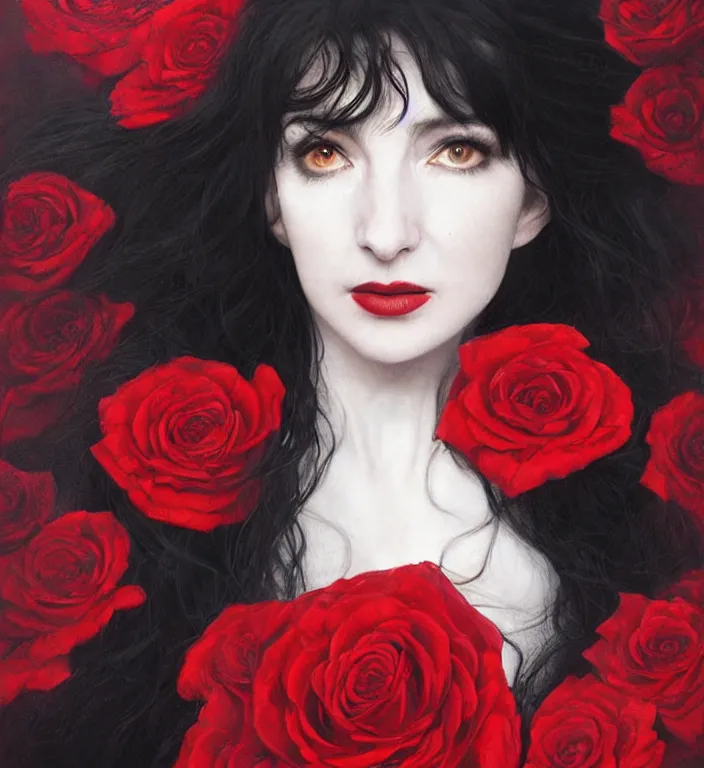 Prompt: portrait of kate bush, lush black hair, pale skin, red rose petals, flowing material, intricate, beautiful cinematic lighting, stuning painting by artgerm and ruan jia