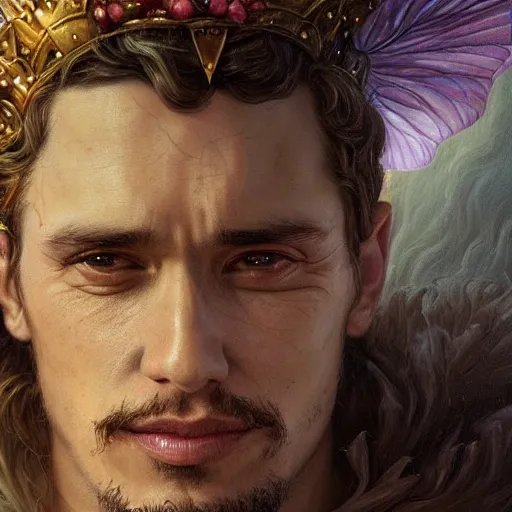 Image similar to closeup portrait shot of james franco as king oberon, fairy wings, lord of beasts, highly detailed, digital painting, artstation, concept art, soft focus, depth of field, artgerm, tomasz alen kopera, peter mohrbacher, donato giancola, wlop, boris vallejo