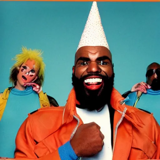 Image similar to conehead mr. t pop band, detailed facial expressions, 1 9 8 0 s aesthetic