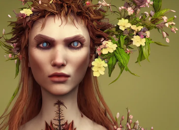 Prompt: Fantasy Alrune androgynous plant humanoid with flowers in hair plant body by Larry Elmore, symmetrical face concept art, octane render unreal engine meta humans, artstation