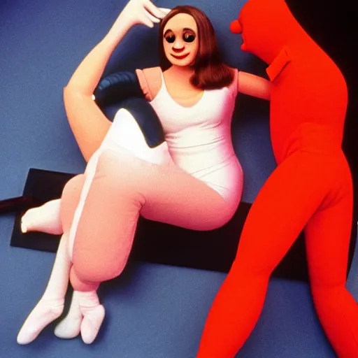 Image similar to 1976 woman wearing an inflatable plastic nose, soft color, wearing a leotard 1976 holding a hand puppet, color film 16mm Almodovar John Waters Russ Meyer Doris Wishman old photo