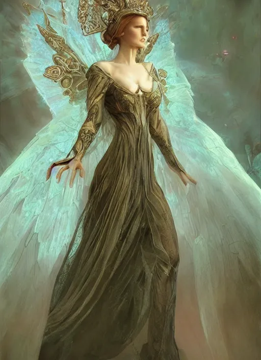 Image similar to fairy foreteller in princess iridescent dress, physically accurate, moody dynamic lighting, very very intricate, very very elegant, highly detailed, digital painting, artstation, HR GIGER, Hieronymus Bosch, Francis Bacon, concept art, smooth, very beautiful, sharp focus, illustration, art by artgerm and greg rutkowski and alphonse mucha