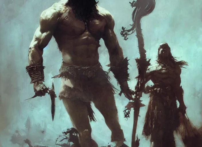 Prompt: conan the barbarian, intricate, elegant, highly detailed, john park, frazetta, sparth, ruan jia, jeffrey catherine jones