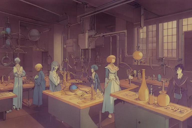 Image similar to cel shaded study of a group of alchemists in a late renaissance laboratory, key visual with intricate linework, in the stlye of moebius, ayami kojima, 90's anime, retro fantasy