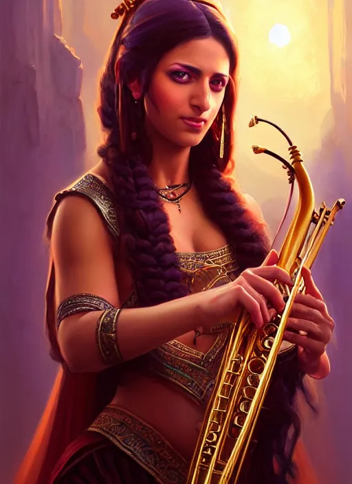 Image similar to a _ fantasy _ style _ portrait _ painting _ of arabian female charismatic bard playing instrument, rpg dnd oil _ painting _ unreal _ 5 _ daz. _ rpg _ portrait _ extremely _ detailed _ artgerm _ greg _ rutkowski _ greg