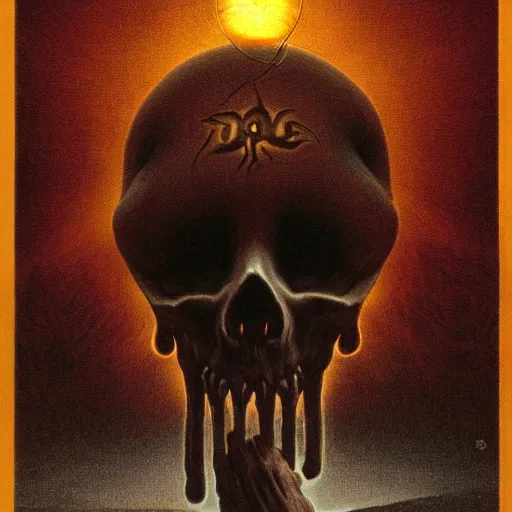 Image similar to symmetrical tarot card, the pikachu skull elder god, Zdzisław Beksiński art, figure silhouetted by burning sun, detailed, intricate, elegant, cgsociety, haunting, luxurious, ominous, matte painting, cinematic, Yoshitaka Amano, horizontally symmetrical, Wayne Barlowe