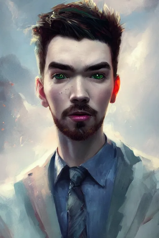 Prompt: a fancy portrait of the YouTuber jacksepticeye by Greg Rutkowski, Sung Choi, Mitchell Mohrhauser, Maciej Kuciara, Johnson Ting, Maxim Verehin, Peter Konig, 8k photorealistic, cinematic lighting, HD, high details, atmospheric,