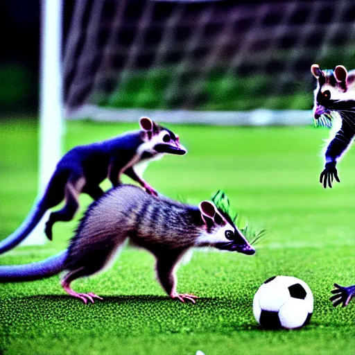 Prompt: a photograph of a soccer match between racoons and opossums