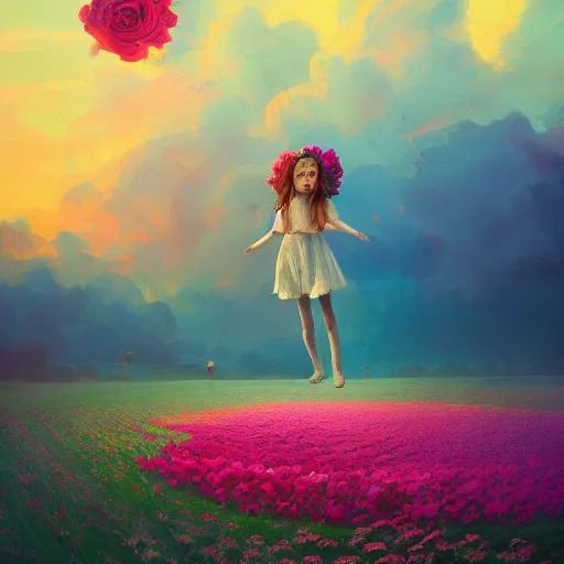 Image similar to large rose head, girl floating in a flower field, surreal photography, sunrise dramatic light, impressionist painting, colorful clouds, digital painting, artstation, simon stalenhag