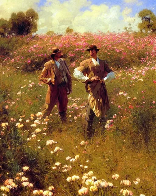 Image similar to handsome men reminisce about the end of spring in a field of bright flowers, cool colors, hard angles, painting by gaston bussiere, craig mullins, j. c. leyendecker
