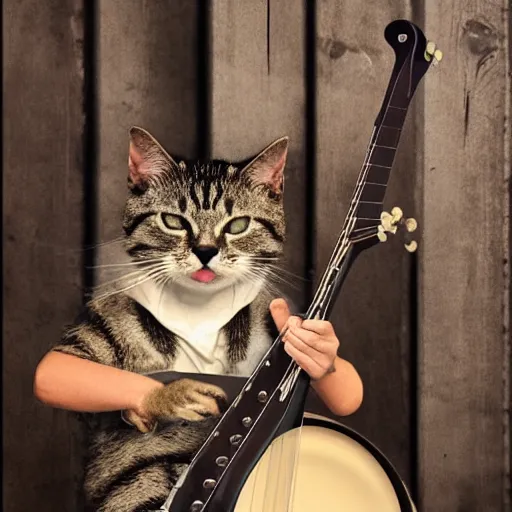 Image similar to redneck cat playing banjo, 8 k, movie still,