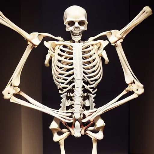 Image similar to bodyworlds exhibit of a skeleton folding its muscles neatly like clothes