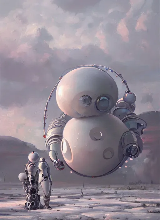 Image similar to an intricate oil painting of a giant pristine white humanoid curvy feminine figure bubble mech with rounded components by simon stalenhag, inspired by nier : automata, clean white lab background