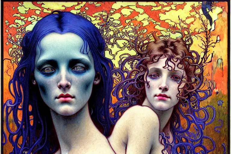 Prompt: realistic detailed portrait painting of a beautiful woman with a zombie, nightly graveyard landscape background by Jean Delville, Amano, Yves Tanguy, Alphonse Mucha, Ernst Haeckel, Edward Robert Hughes, Roger Dean, rich moody colours, blue eyes