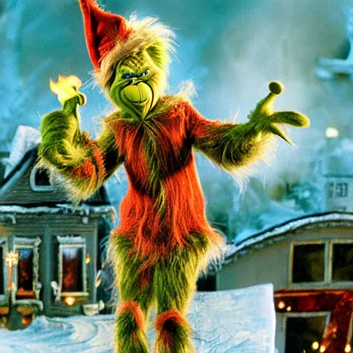 Image similar to the grinch committing arson in whoville