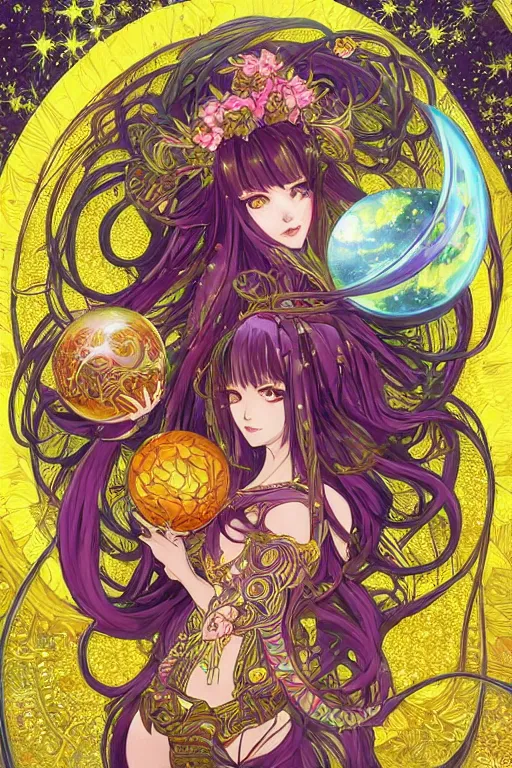 Image similar to psychedelic, intricate, highly detailed, anime, 4k, beautiful seductive snake monstergirl holding a huge orb containing the universe, with professional makeup, long trippy hair, surrounded by gems, underneath the stars, trending on patreon, deviantart, twitter, artstation, volumetric lighting, heavy contrast, by artgerm and Ilya Kuvshinov and alphonse mucha, interstellar galaxy