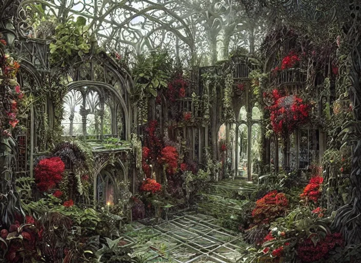 Image similar to an elaborate gothic lovecraftian garden with exotic flowers, shrubberies and a beautiful greenhouse intricate, elegant, highly detailed, matte, sharp focus, illustration, art by ferdinand knab, greg rutkowski and h. p. lovecraft