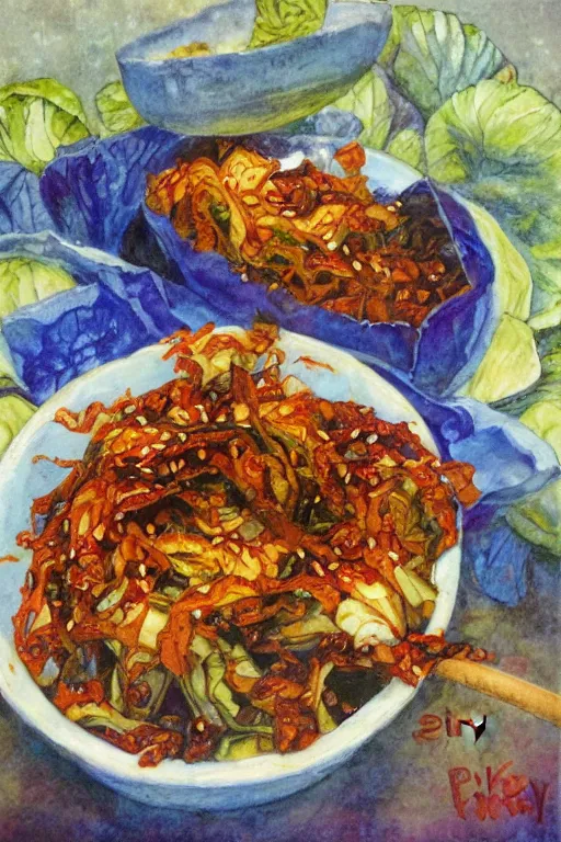 Prompt: kimchi, korean spicy fermented cabbage, by jerry pinkney