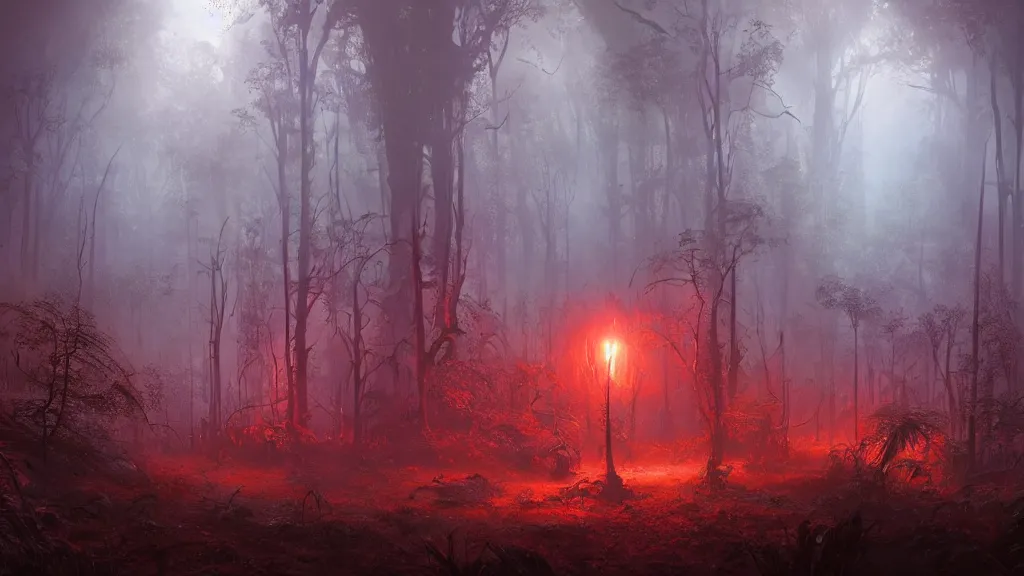Image similar to a Photorealistic dramatic Matte painting,Looking through deep inside an Alien planets dense red forest there is a gigantic crashed spaceship,hundreds of tall gigantic monster carnivorous Red Venus Flytrap plants and glowing bulbs,translucent wet and slimy plant life by Greg Rutkowski,Craig Mullins,James Paick,Nicolas Bouvier SPARTH,a misty haze,Beautiful dramatic dark moody nighttime lighting,Cinematic Atmosphere,Volumetric,Terragen,Octane Render,artstation,8k