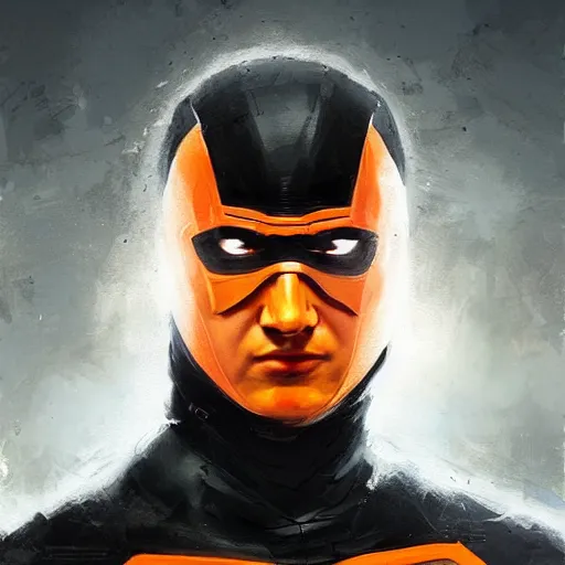 Image similar to portrait of a superhero by greg rutkowski, he looks like miles teller, he is wearing a black, orange and yellow kevlar gear, highly detailed portrait, digital painting, artstation, concept art, smooth, sharp foccus ilustration, artstation hq