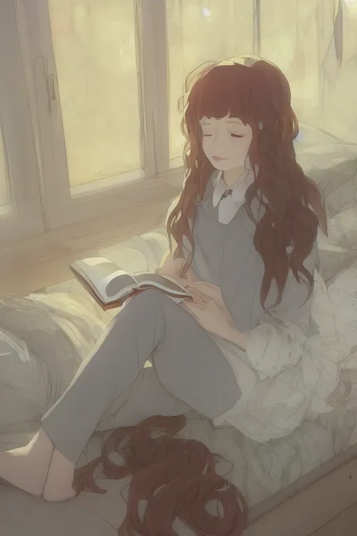 Image similar to a teenage girl in a jk uniform outfit in the bedroom reading a book in a night, raining outside the window, grey and orange theme ， wavy white long hair, by krenz cushart and mucha and akihito yoshida and greg rutkowski and makoto shinkai, detailed eyes, 4 k resolution