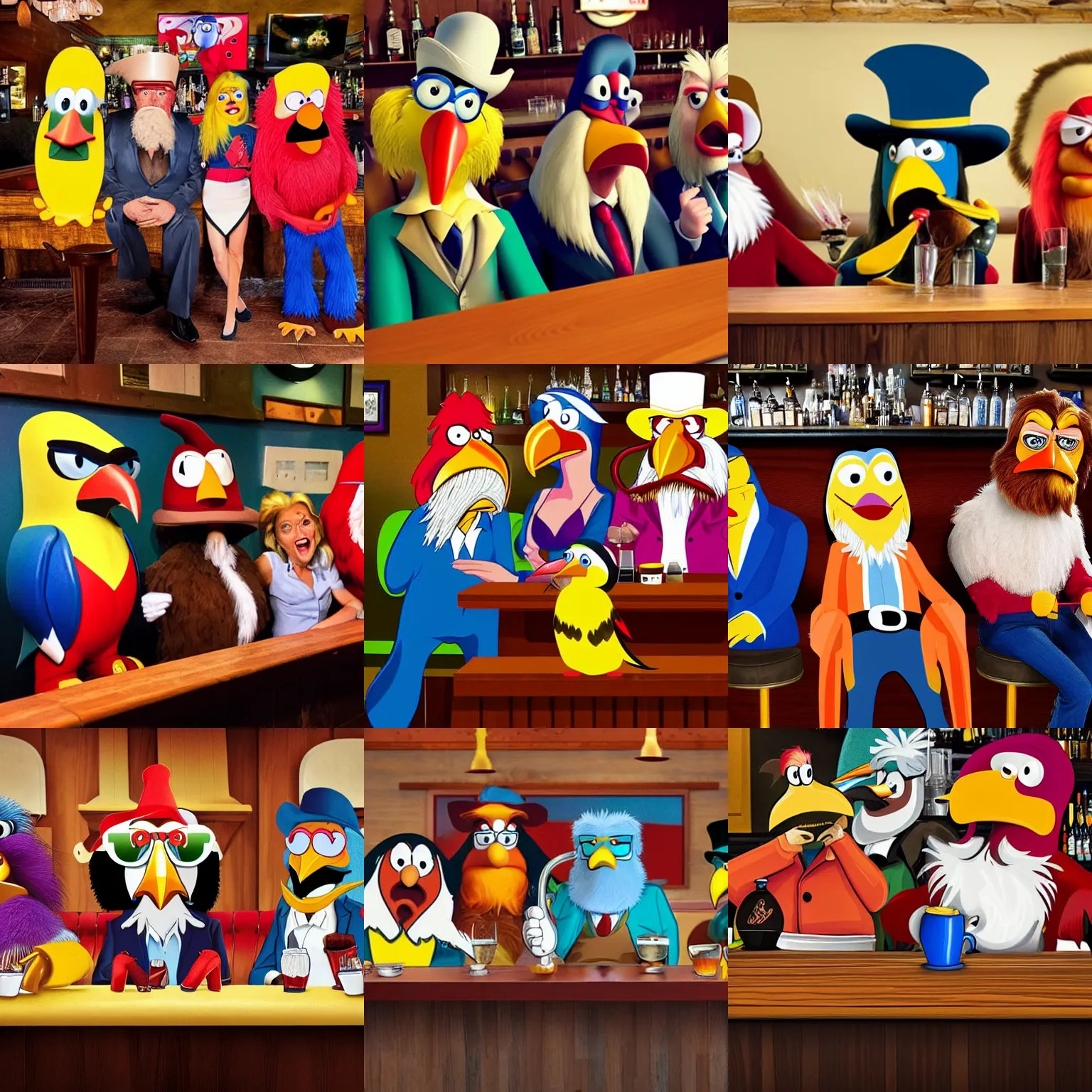 Prompt: Toucan Sam, Samantha Bee, Sam the Eagle and Yosemite Sam sitting together at a bar