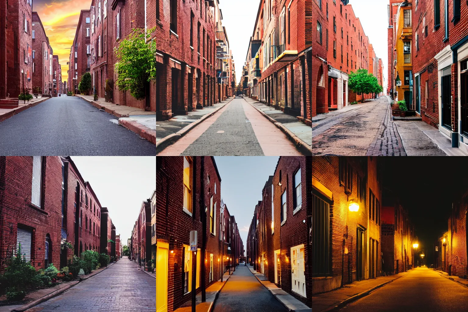 Prompt: A street in an underground town, brick houses, orange street lights