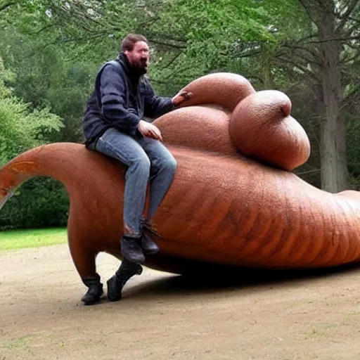 Image similar to a man riding a giant slug like its a horse