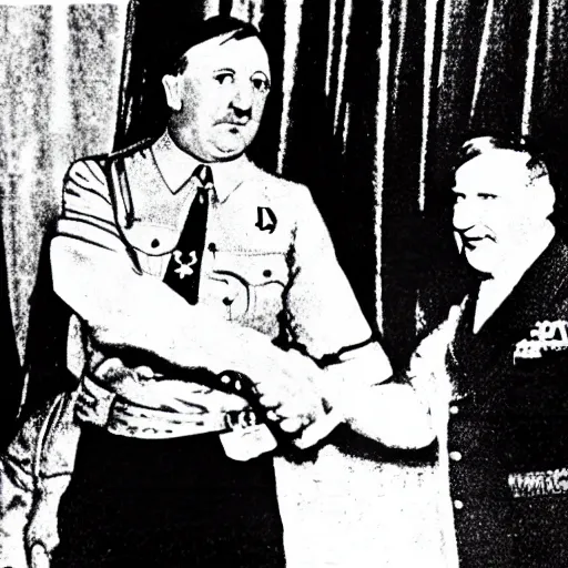 Image similar to adolf hitler shaking hands with shrek