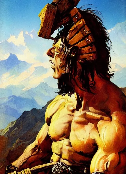 Image similar to portrait of barbarian on mountain, coherent! by mariusz lewandowski, by frank frazetta, deep color, strong line, high contrast