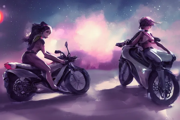 Prompt: a girl is riding a motorbike, digital painting, artstation, the space background,concept art, sharp focus, illustration,