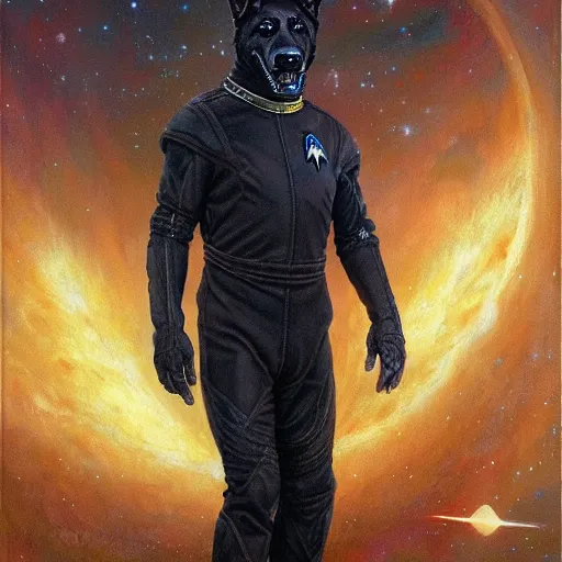 Image similar to fullbody of a black german shepard dogman man alien in jumpsuit starfleet star trek vacation at risa. highly detailed painting by gaston bussiere craig mullins jc