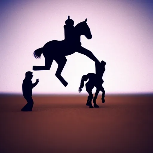 Prompt: an astronaut standing on the ground and a small trippy aggressive centaur standing on that poor human being standing on all fours astronaut raising his arms up, really trying to ride it, the horse is on his shoulders and grabbing them, minimalist style, 3 d render, isometry