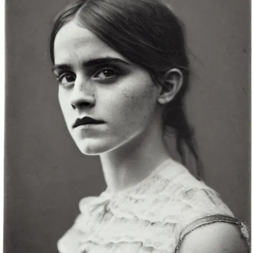 Prompt: victorian photograph of emma watson, 1 8 9 0 s photography, 1 9 0 0, realistic face, symmetrical face, studio photograph, grainy, edwardian, old photo