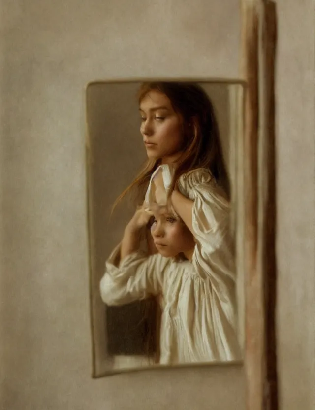 Image similar to peasant girl brushing her hair in front of a mirror, portray, Cinematic focus, Polaroid photo, vintage, neutral colors, soft lights, foggy, by Steve Hanks, by Serov Valentin, by lisa yuskavage, by Andrei Tarkovsky 8k render, detailed, oil on canvas