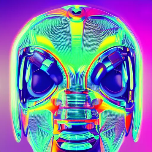 Image similar to hyperdetailed portrait of a futuristic atompunk robot head, 8 k, symetrical, flourescent colors, halluzinogenic, multicolored tshirt art, black background