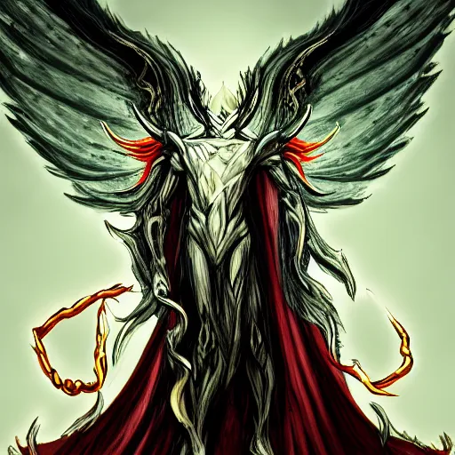 Image similar to hybrid of an angel and demon, made of flowing energy, horns, wings, villain look, trending on arstation HD